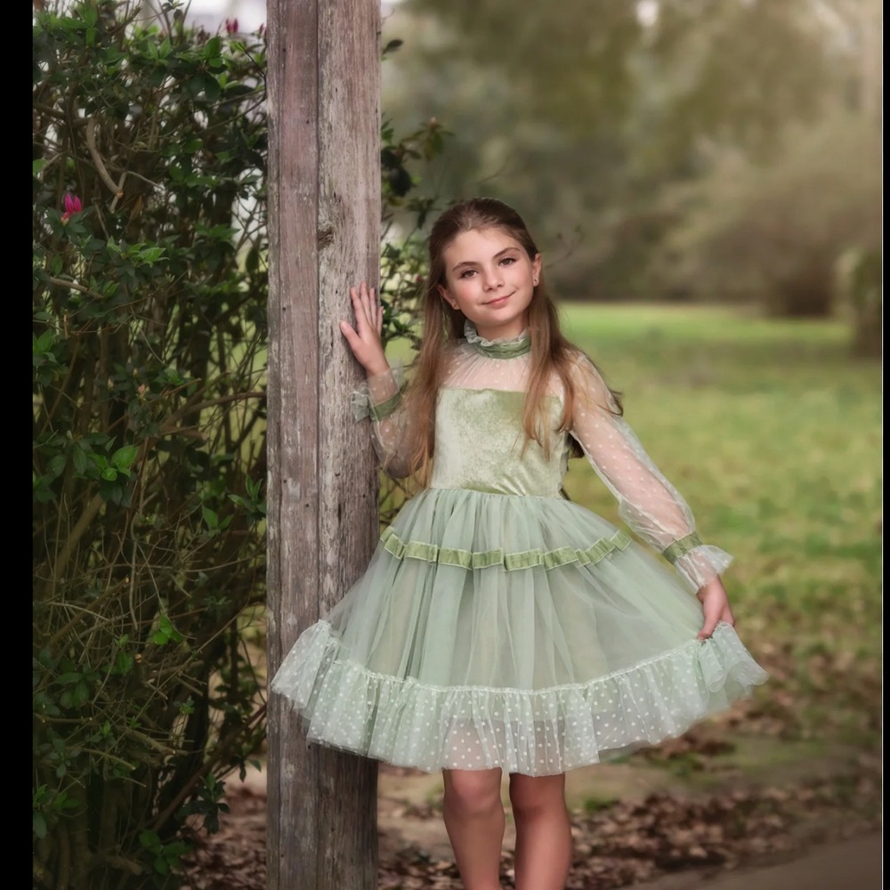 Trish Scully Green Tulle Dress with Ruffle Details